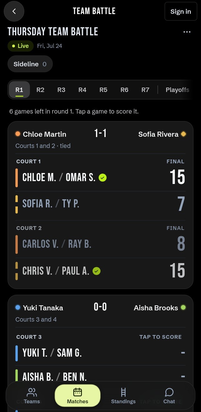 Round 1 of a Team Battle: Chloe Martin's team and Sofia Rivera's team tied one game each